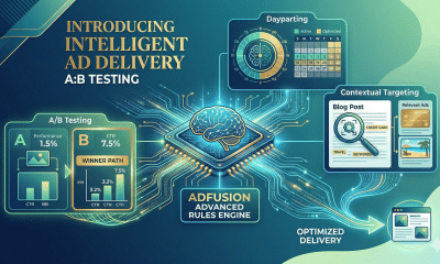 An advanced infographic centered around a stylized artificial intelligence brain-CPU hybrid node labeled "ADFUSION ADVANCED RULES ENGINE". Data streams diverge to three distinct visualization nodes: 1. "A/B Testing" showing a higher CTR "Winner Path." 2. "Dayparting" showing a circular timeline and calendar grid with active/inactive hours. 3. "Contextual Targeting" scanning post content for keywords ("CREDIT CARD," "TRAVEL") and automatically inserting relevant ads. The streams all converge into optimized delivery. The scene is illuminated by glowing blue, green, and gold light, consistent with previous output aesthetic.