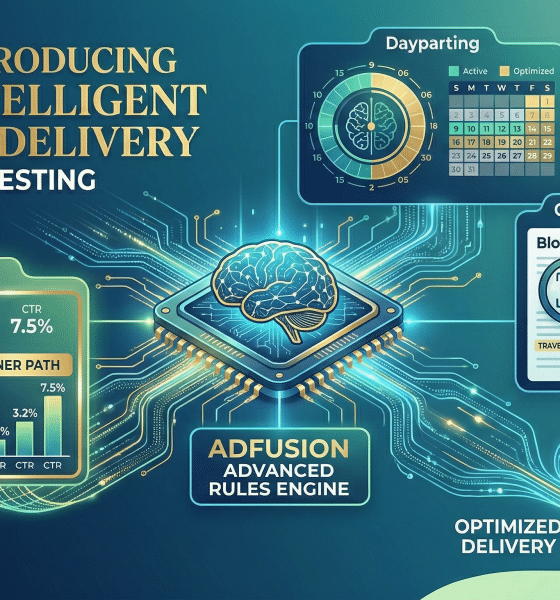 An advanced infographic centered around a stylized artificial intelligence brain-CPU hybrid node labeled "ADFUSION ADVANCED RULES ENGINE". Data streams diverge to three distinct visualization nodes: 1. "A/B Testing" showing a higher CTR "Winner Path." 2. "Dayparting" showing a circular timeline and calendar grid with active/inactive hours. 3. "Contextual Targeting" scanning post content for keywords ("CREDIT CARD," "TRAVEL") and automatically inserting relevant ads. The streams all converge into optimized delivery. The scene is illuminated by glowing blue, green, and gold light, consistent with previous output aesthetic.