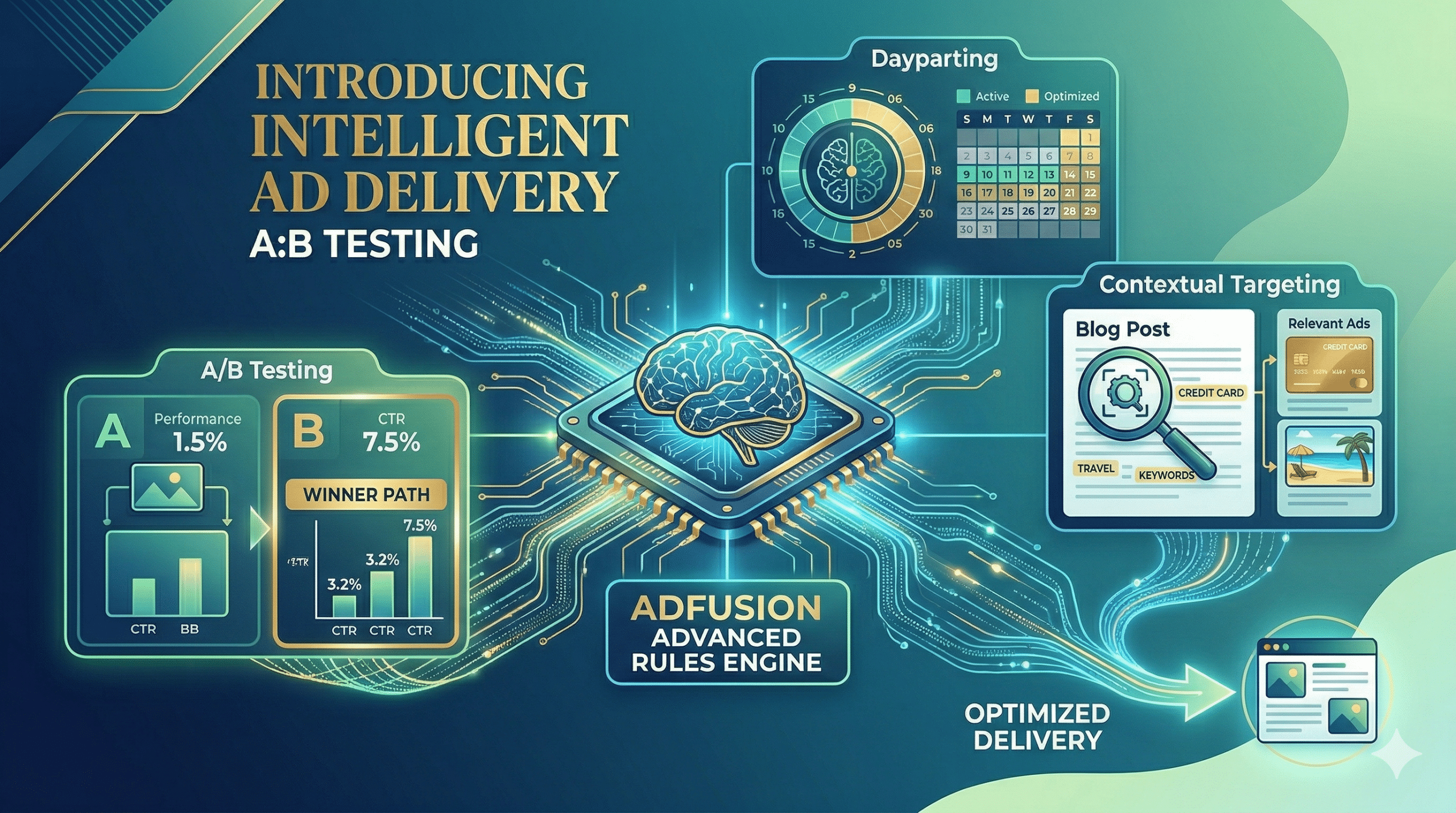 An advanced infographic centered around a stylized artificial intelligence brain-CPU hybrid node labeled "ADFUSION ADVANCED RULES ENGINE". Data streams diverge to three distinct visualization nodes: 1. "A/B Testing" showing a higher CTR "Winner Path." 2. "Dayparting" showing a circular timeline and calendar grid with active/inactive hours. 3. "Contextual Targeting" scanning post content for keywords ("CREDIT CARD," "TRAVEL") and automatically inserting relevant ads. The streams all converge into optimized delivery. The scene is illuminated by glowing blue, green, and gold light, consistent with previous output aesthetic.