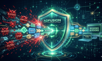 A conceptual digital illustration showing a futuristic shield (representing AdFusion) filtering a stream of incoming data. Bright, legitimate data packets (ads) pass through smoothly, while red, aggressive "Blocker" icons are deflected. The aesthetic is clean, high-tech, using deep blues, emerald greens, and soft gold accents.