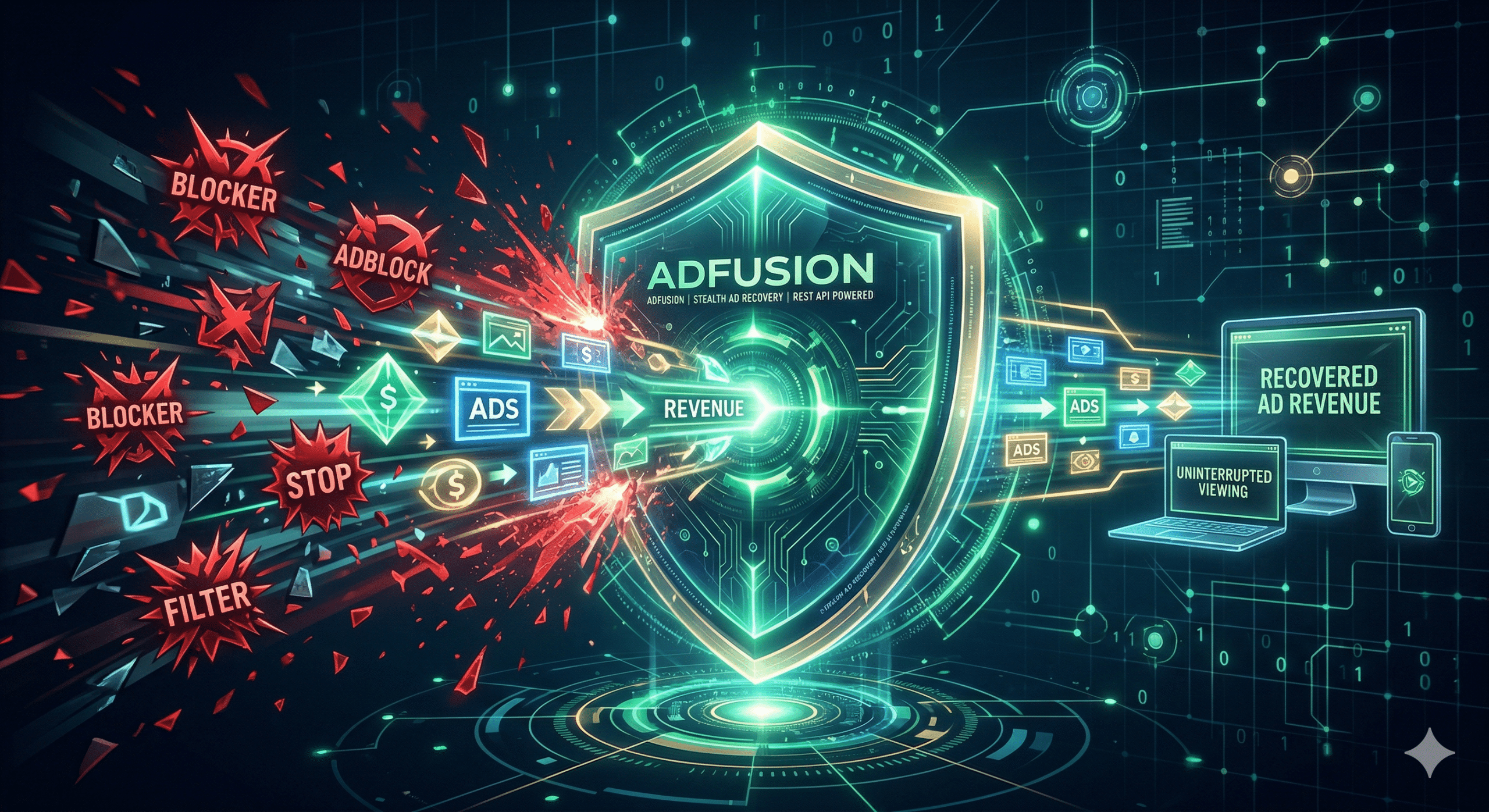 A conceptual digital illustration showing a futuristic shield (representing AdFusion) filtering a stream of incoming data. Bright, legitimate data packets (ads) pass through smoothly, while red, aggressive "Blocker" icons are deflected. The aesthetic is clean, high-tech, using deep blues, emerald greens, and soft gold accents.