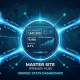 A clean, high-tech conceptual graphic featuring a central "Master Site" hub connected by glowing blue light rays to several "Satellite Site" icons. Each ray carries data symbols representing impressions and clicks, illustrating real-time data flow into a single dashboard.