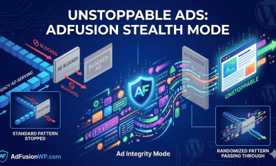 Legacy Ad Serving" is shown as predictable blue blocks easily identified and blocked by the static gray Ad Blocker, leading to a grayed-out "Blocked Ad." Embedded diagram: **** The Solution: "AdFusion's Stealth Mode" is shown as a complex, vibrant, non-linear, dynamic, randomized pattern of changing glowing shapes and binary code snippets. This "AF Integrity Mode" passes around and through the gray Ad Blocker barrier, keeping your ads "Unstoppable.