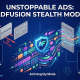 Legacy Ad Serving" is shown as predictable blue blocks easily identified and blocked by the static gray Ad Blocker, leading to a grayed-out "Blocked Ad." Embedded diagram: **** The Solution: "AdFusion's Stealth Mode" is shown as a complex, vibrant, non-linear, dynamic, randomized pattern of changing glowing shapes and binary code snippets. This "AF Integrity Mode" passes around and through the gray Ad Blocker barrier, keeping your ads "Unstoppable.